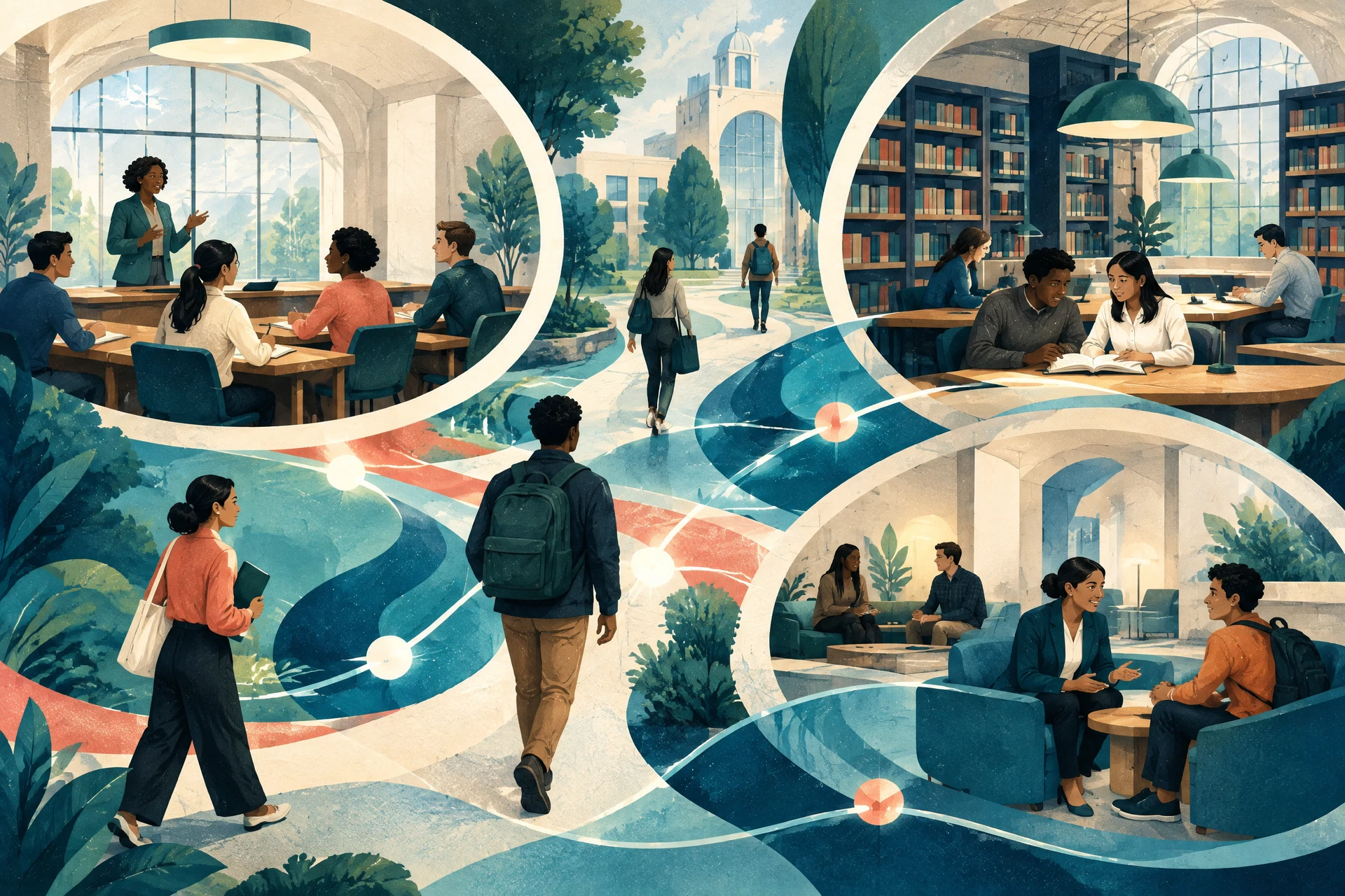 Editorial illustration of connected physical and digital university learning spaces