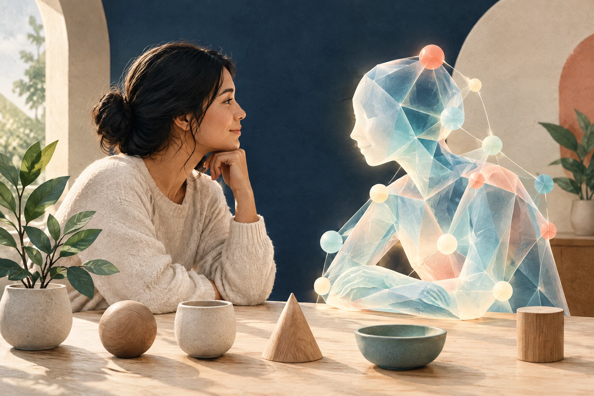 Editorial illustration of a learner engaging with an abstract geometric digital study partner