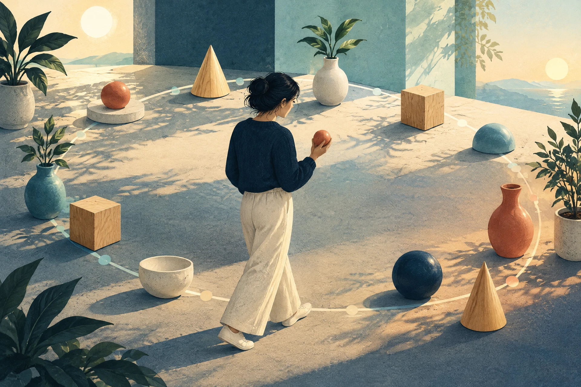 Editorial illustration of a learner following a repeating path among plain study objects in changing daylight