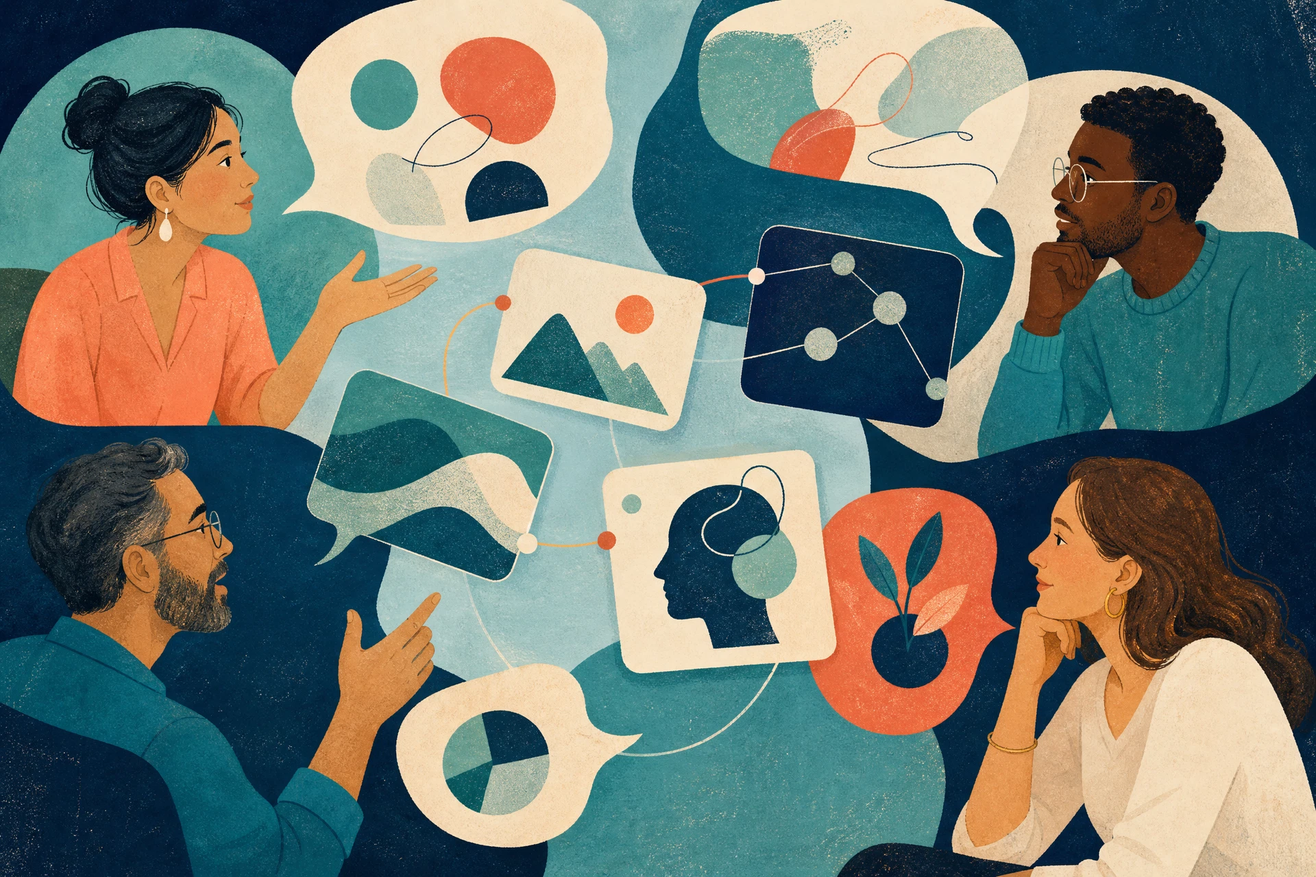 Editorial illustration of adult learners exchanging and connecting ideas in an online discussion