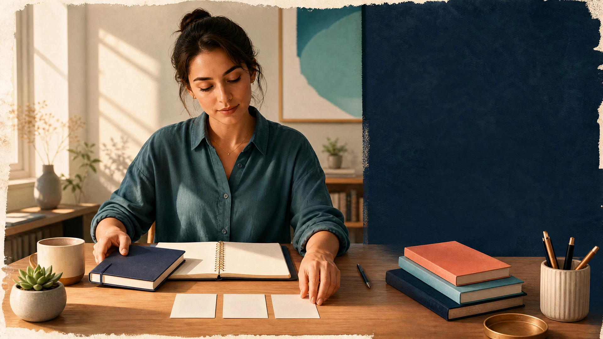 A learner calmly arranging study cards at a desk before beginning a fresh page