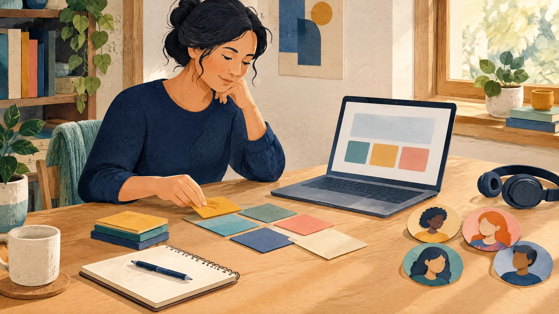 An independent educator arranges a simple digital course studio with abstract lesson tiles and learner portraits