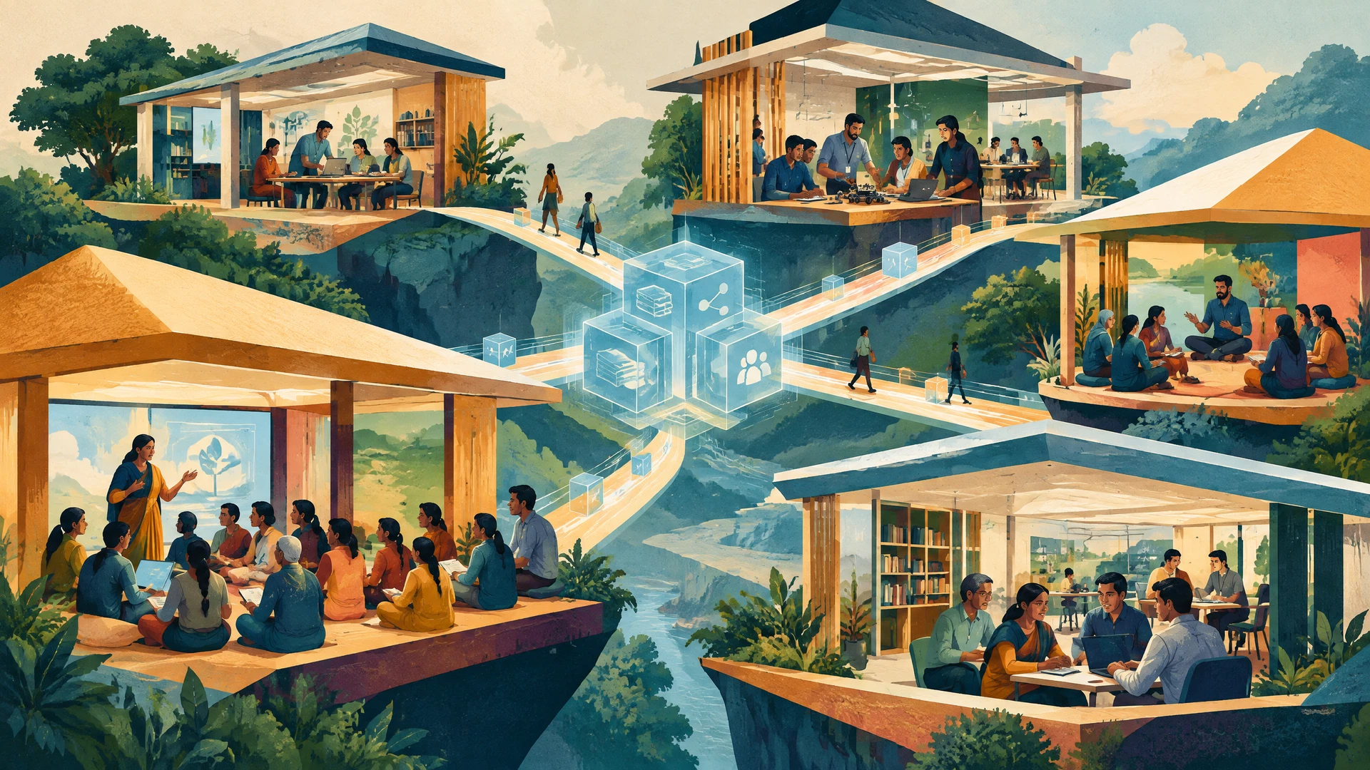 Indian educators and adult learners collaborate across several proposed public learning hubs connected by open digital infrastructure