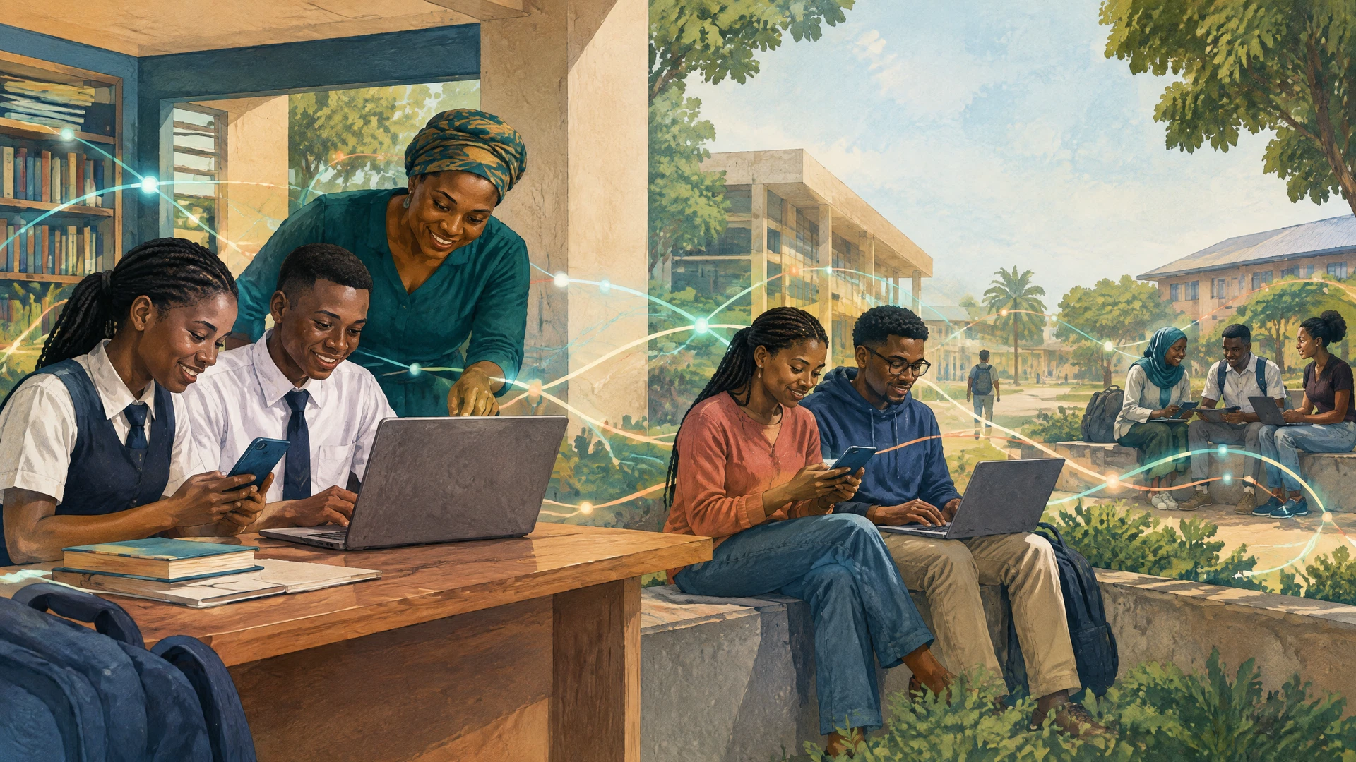Nigerian secondary and university learners use modest devices across connected public learning spaces