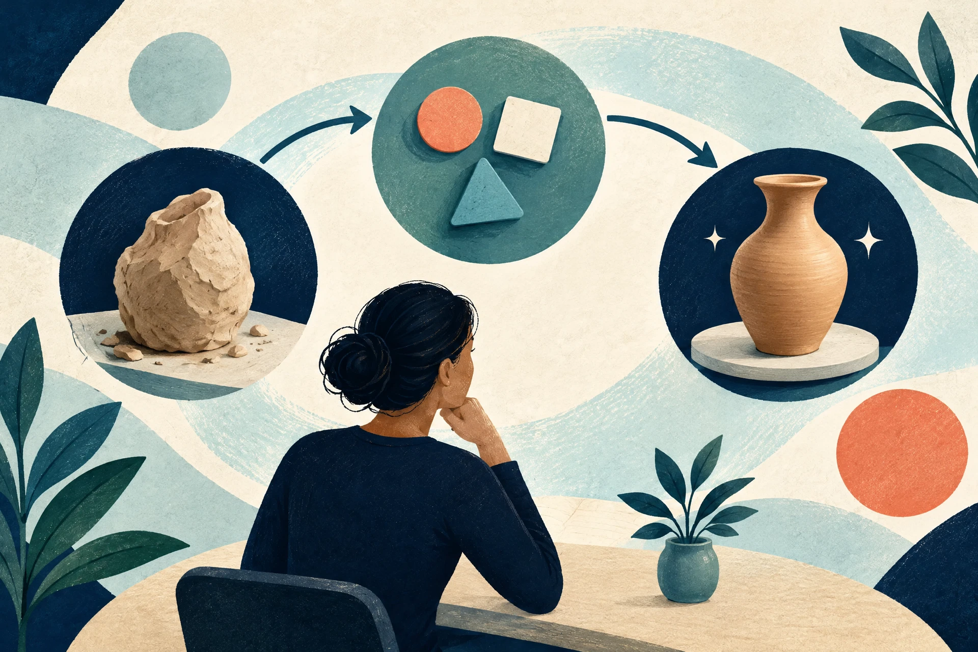 Editorial illustration of a learner revising work through an organized feedback cycle