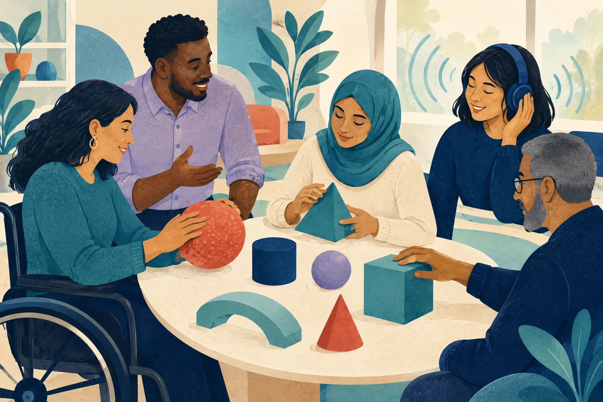 Editorial illustration of diverse adult learners exploring tactile shapes in an accessible learning space