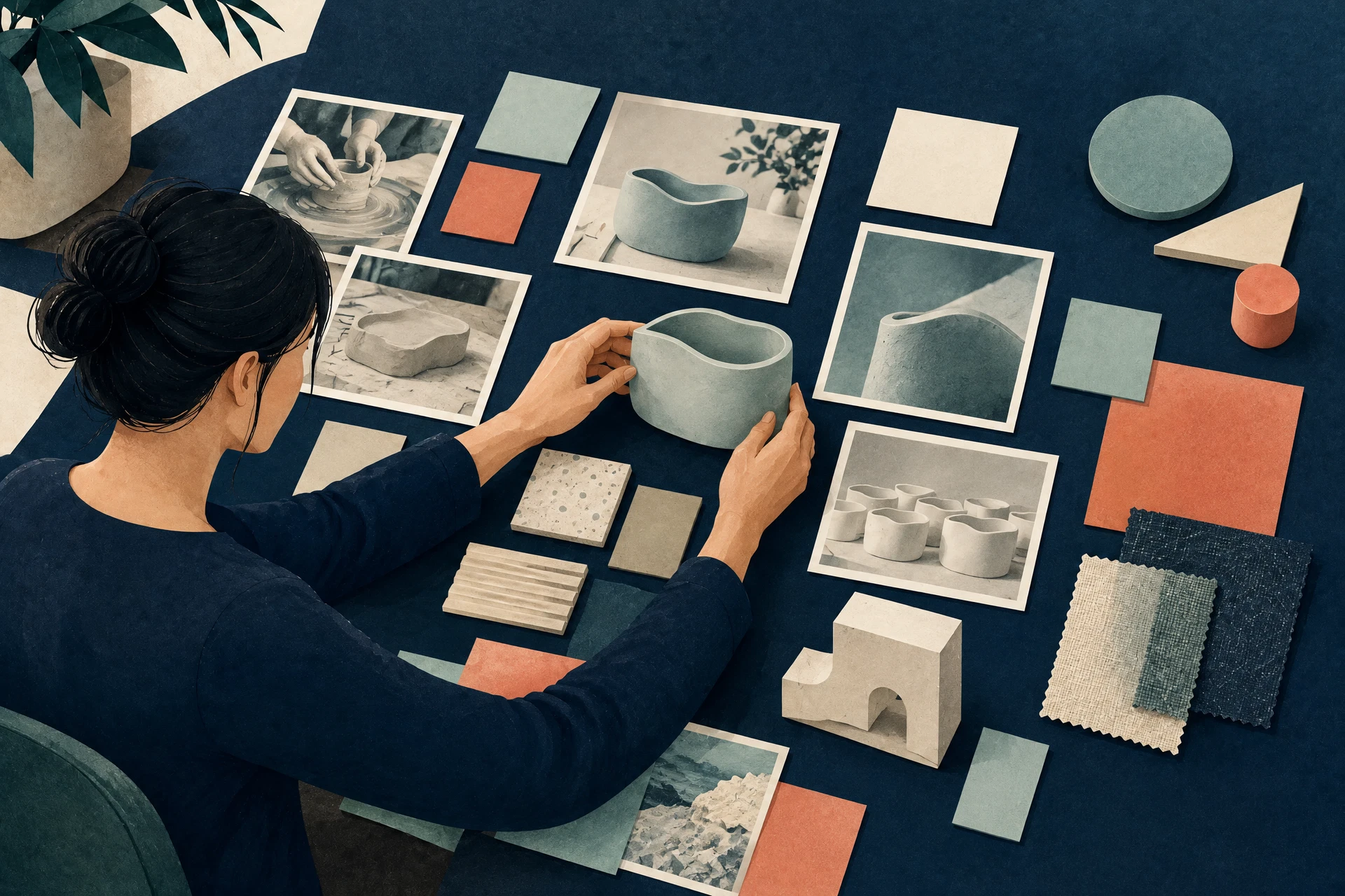 Editorial illustration of a learner arranging ceramic prototypes, unlabeled photographs, and material swatches for a career portfolio