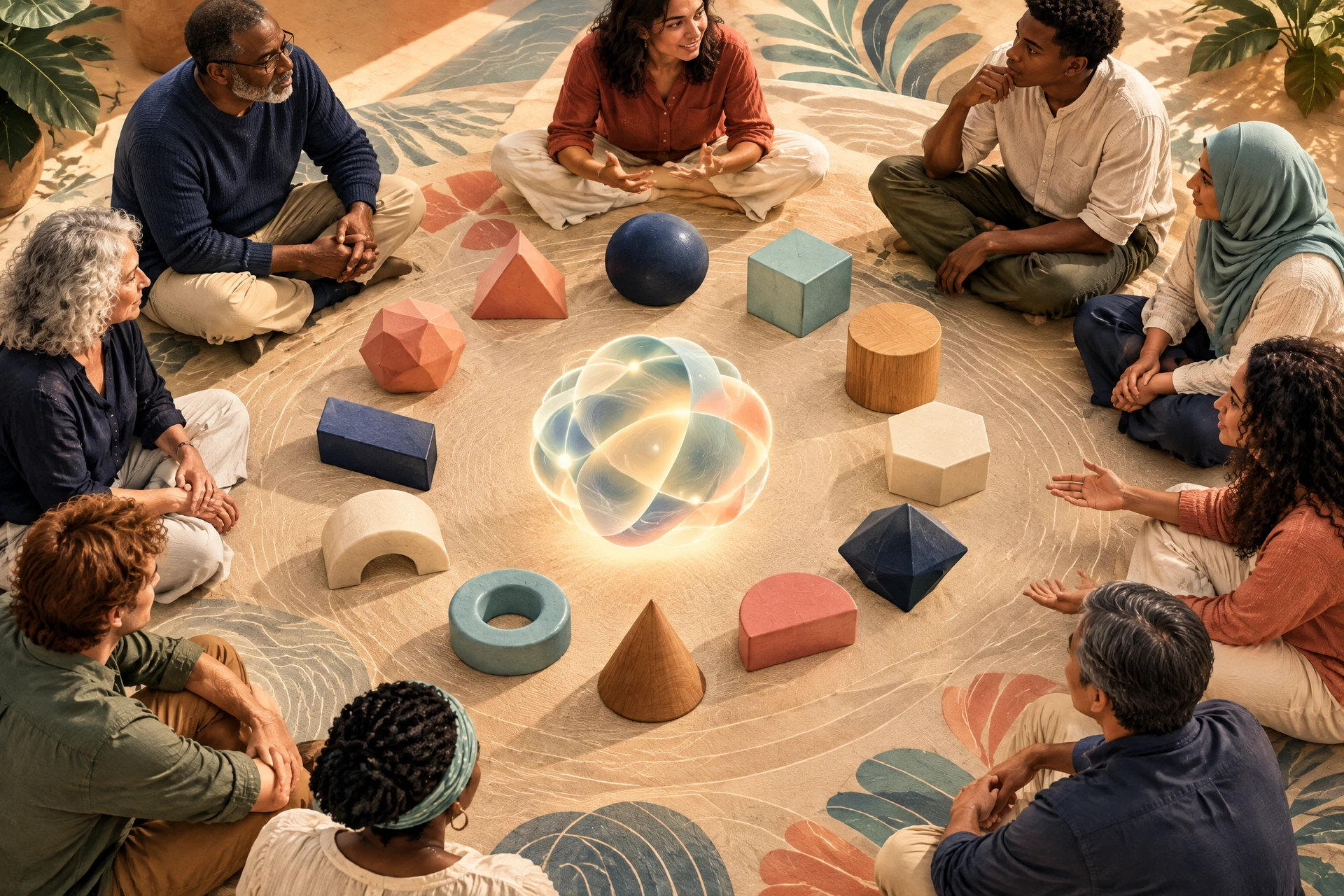 Community learners arrange twelve unmarked AI literacy modules around an abstract learning form