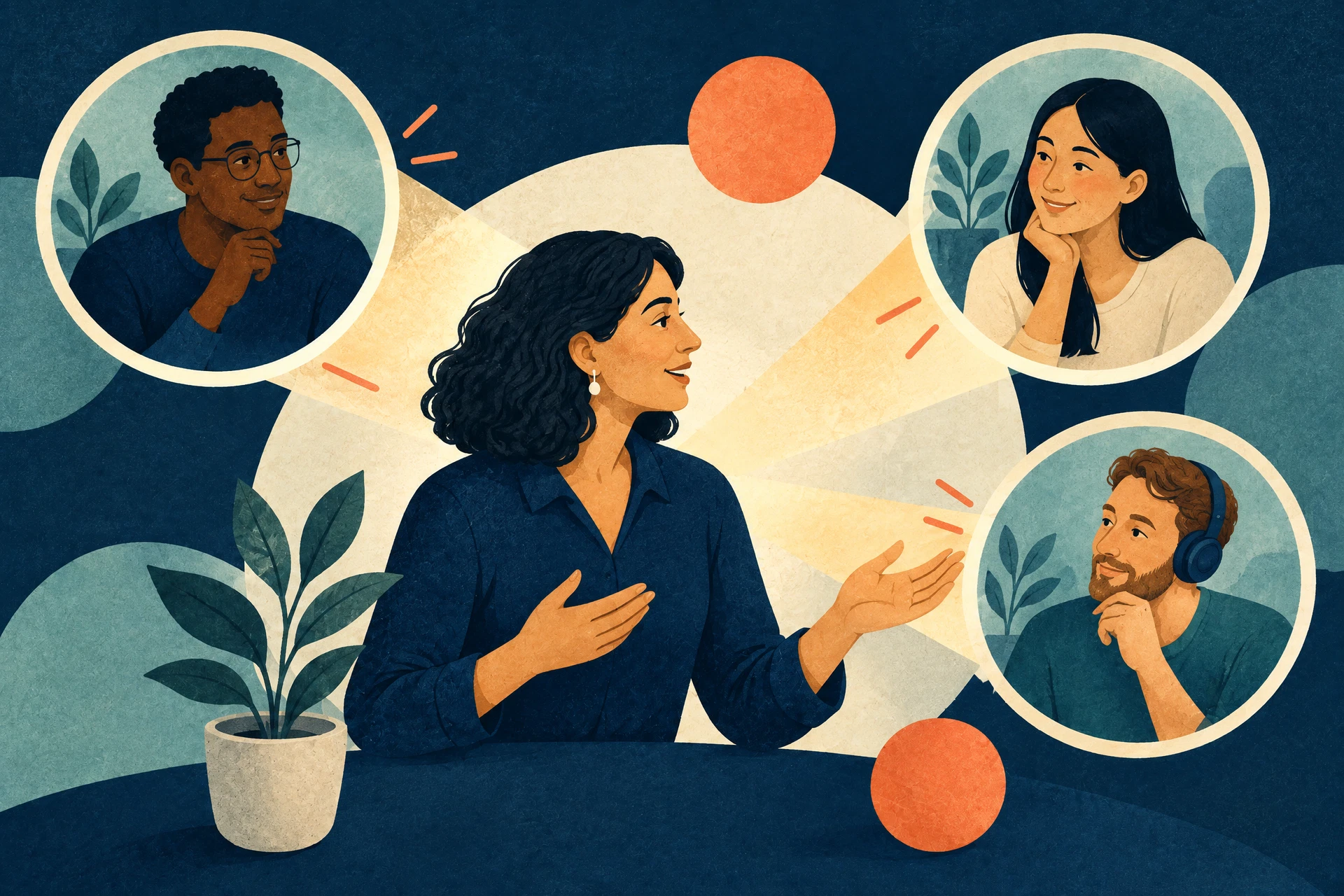 Editorial illustration of an educator guiding an organized online seminar